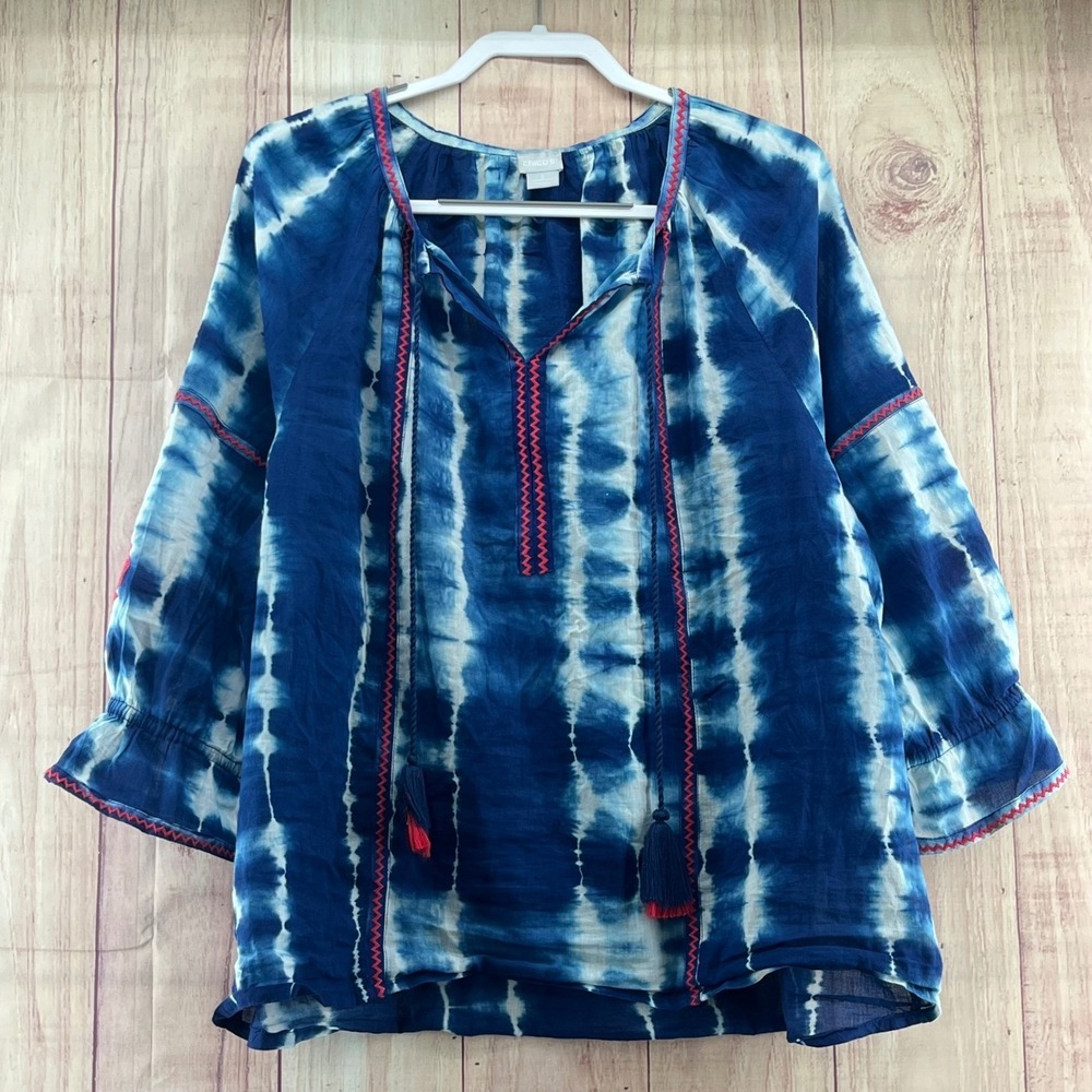 Chicos Tie Dye Tunic Top Blue Pink Embroidered Tassels Bell Sleeve Size‎ 3 16-18